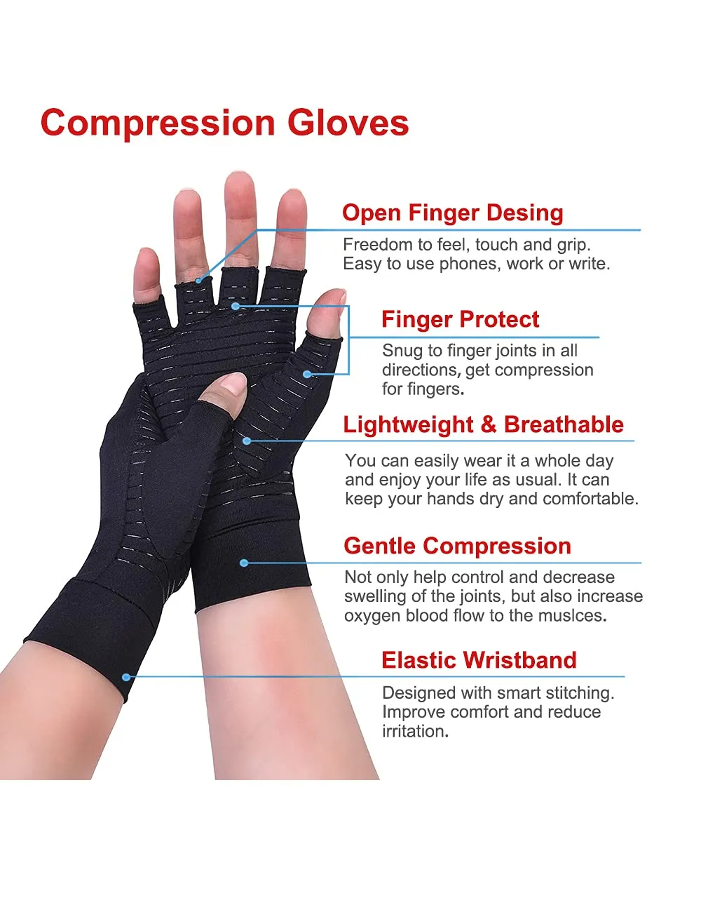 2 Pairs Copper Arthritis Gloves Compression Gloves Women Men Relieve Hand Pain Swelling and Carpal Tunnel Medium
