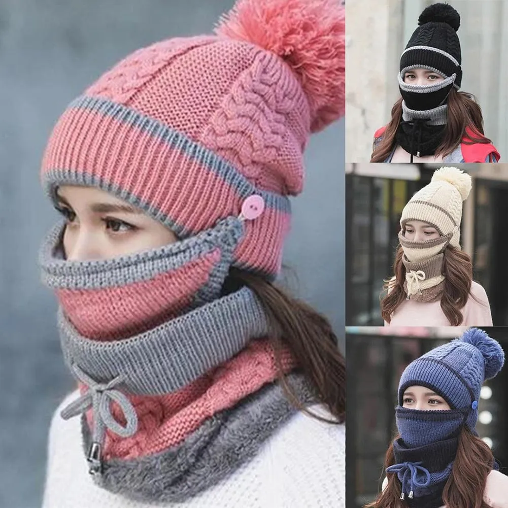 3PCS Women Scarf Hat Outdoor Thickened Knitted Winter Set