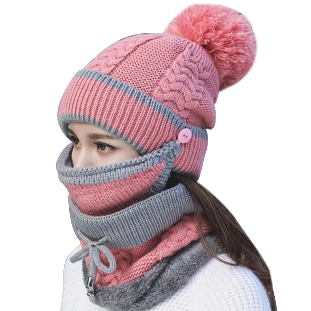 3PCS Women Scarf Hat Outdoor Thickened Knitted Winter Set