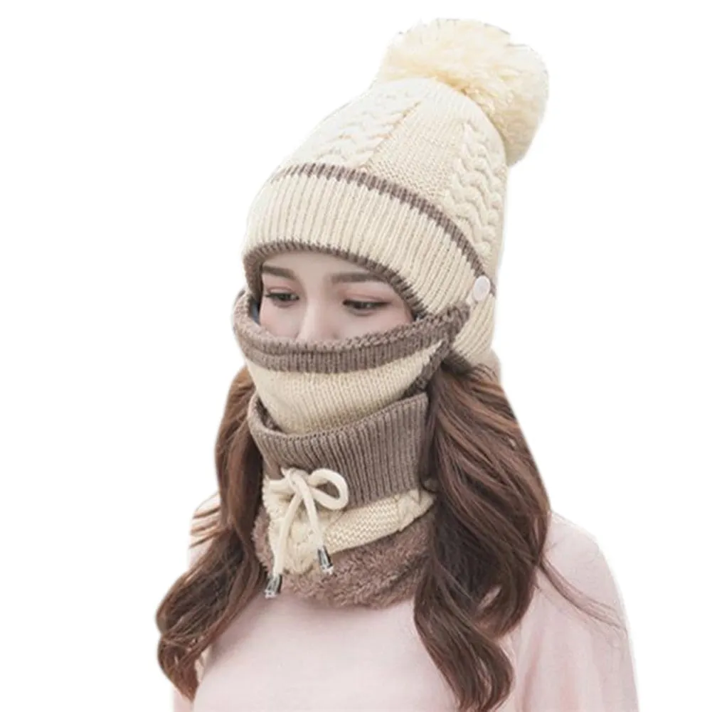 3PCS Women Scarf Hat Outdoor Thickened Knitted Winter Set