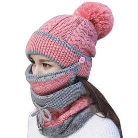 3PCS Women Scarf Hat Outdoor Thickened Knitted Winter Set