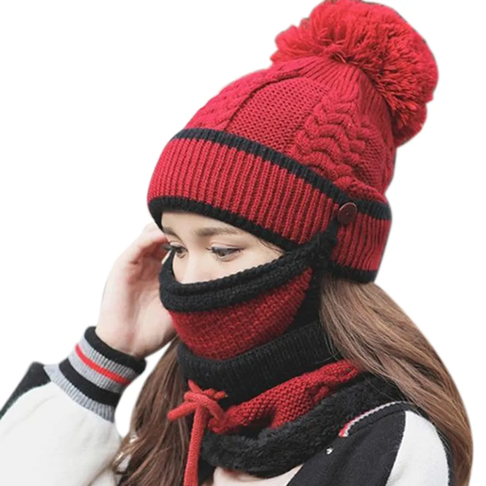 3PCS Women Scarf Hat Outdoor Thickened Knitted Winter Set
