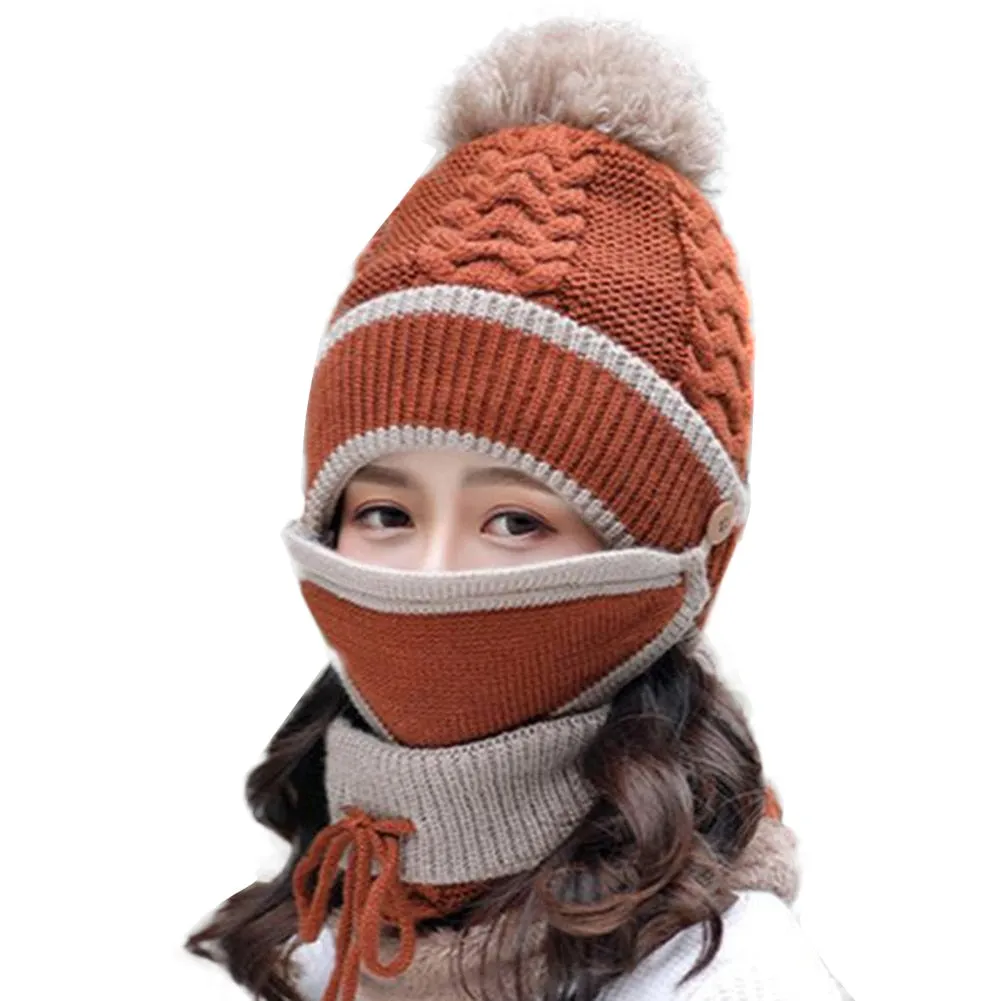 3PCS Women Scarf Hat Outdoor Thickened Knitted Winter Set