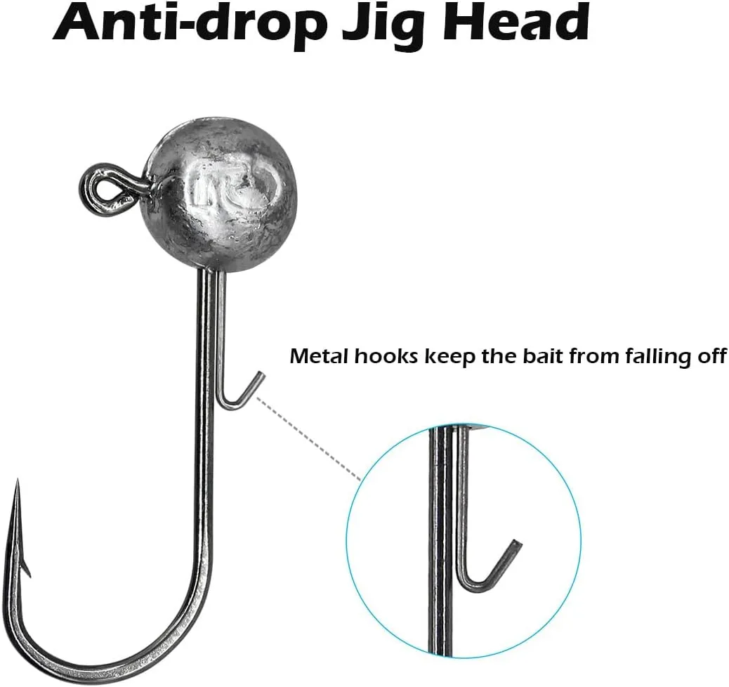 50pcs Fishing Jig Hooks with Barbs - Round Ball Jig Heads Kit, 1/6 oz, 1/4 oz, 1/8 oz, 1/2 oz for Saltwater & Freshwater Trout Bass Fishing