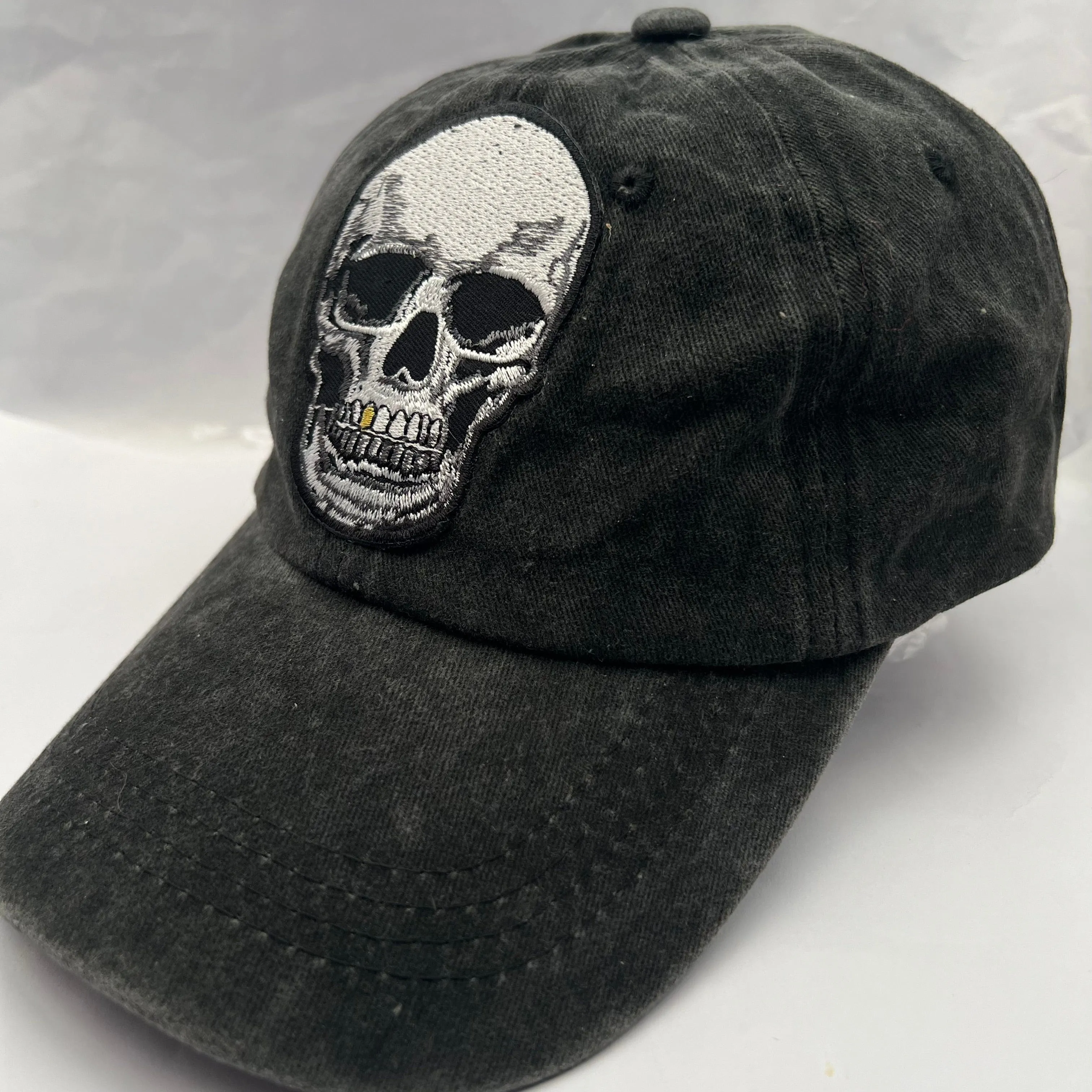 Black Baseball Cap Grey Skull Embroidered patch on Cap one size Hat Unisex Cap