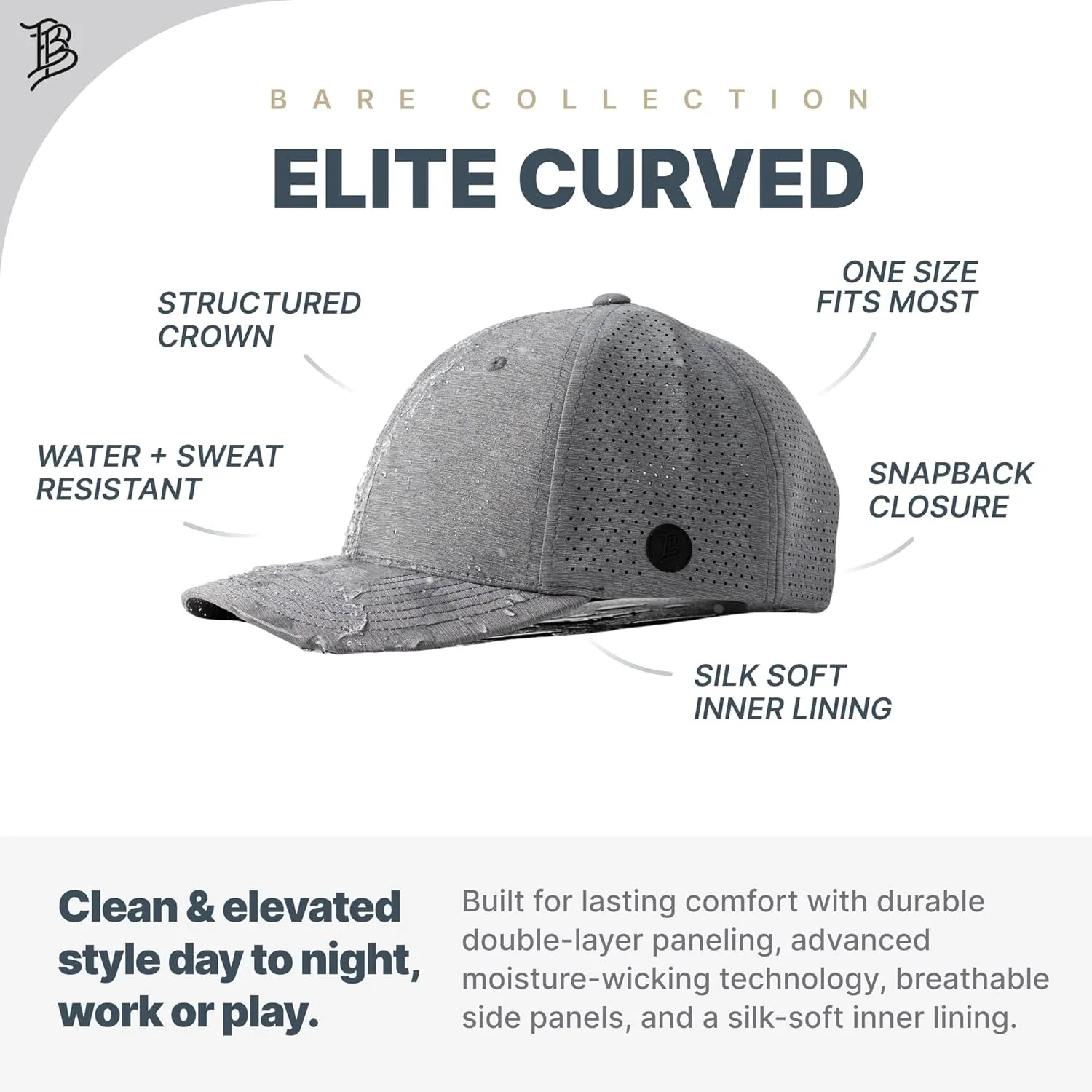 Branded Bills Bare Elite Hat, Performance Paneling, Adjustable Snapback, Silk-Soft Front Lining, Water-Repellent Shell