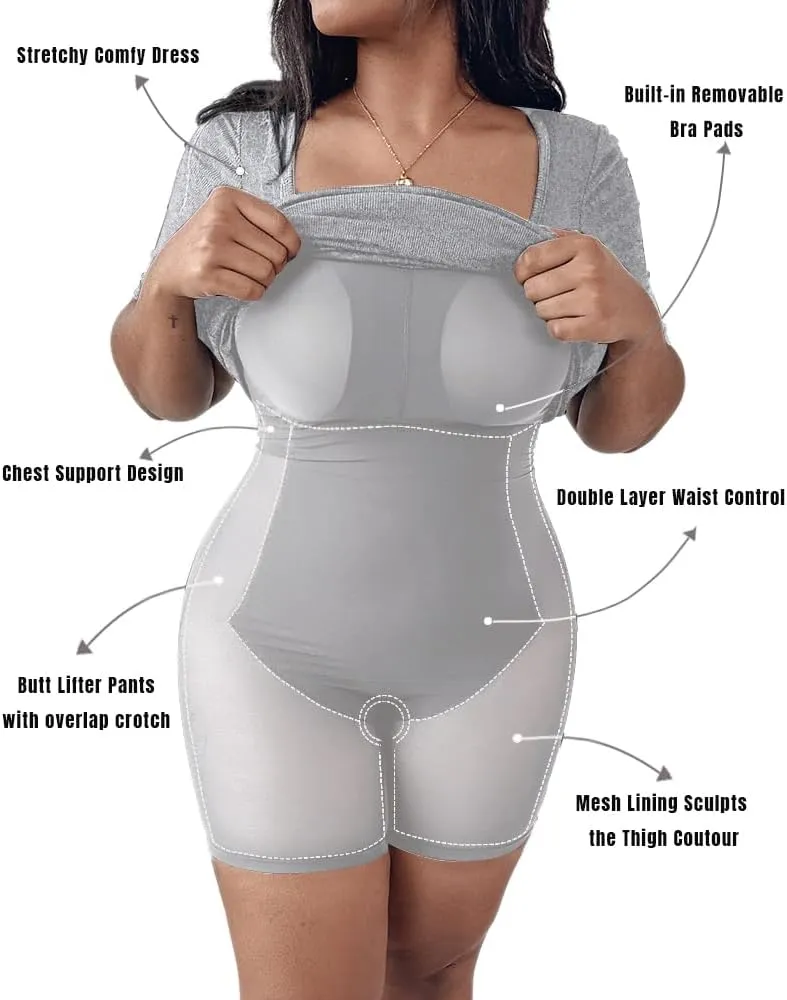 Built-in Removable Shapewear Bra Pad Bodycon Midi Dress Knitted Ribbed Square Neck Short Sleeve Basic Party Dresses