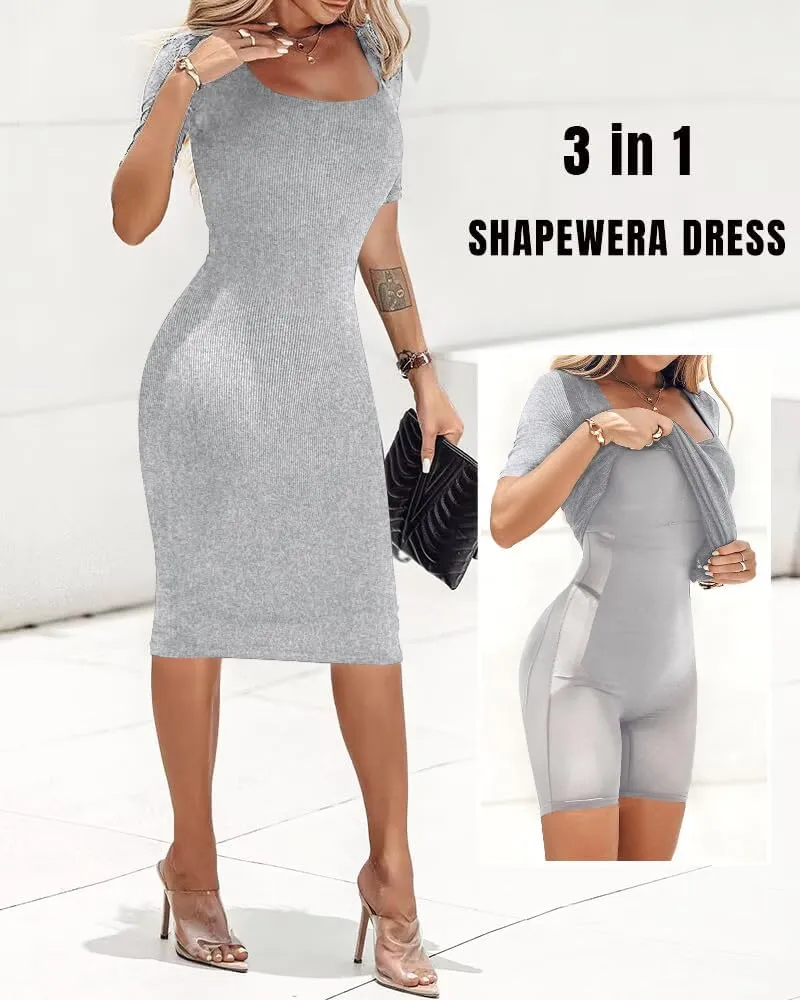 Built-in Removable Shapewear Bra Pad Bodycon Midi Dress Knitted Ribbed Square Neck Short Sleeve Basic Party Dresses