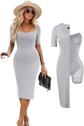 Built-in Removable Shapewear Bra Pad Bodycon Midi Dress Knitted Ribbed Square Neck Short Sleeve Basic Party Dresses