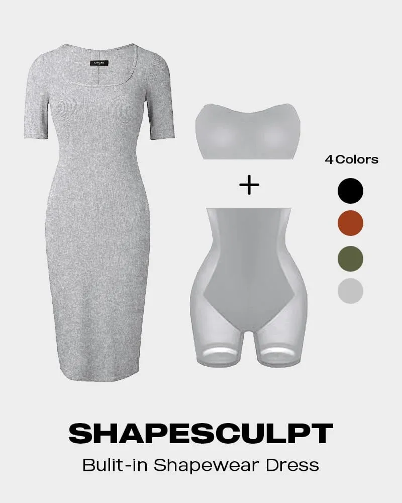 Built-in Removable Shapewear Bra Pad Bodycon Midi Dress Knitted Ribbed Square Neck Short Sleeve Basic Party Dresses