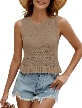 CiCiBird Women Cute Crop Sweaters Vest Knit Sleeveless Pullover Tops Crochet Ruffle Hem Tank