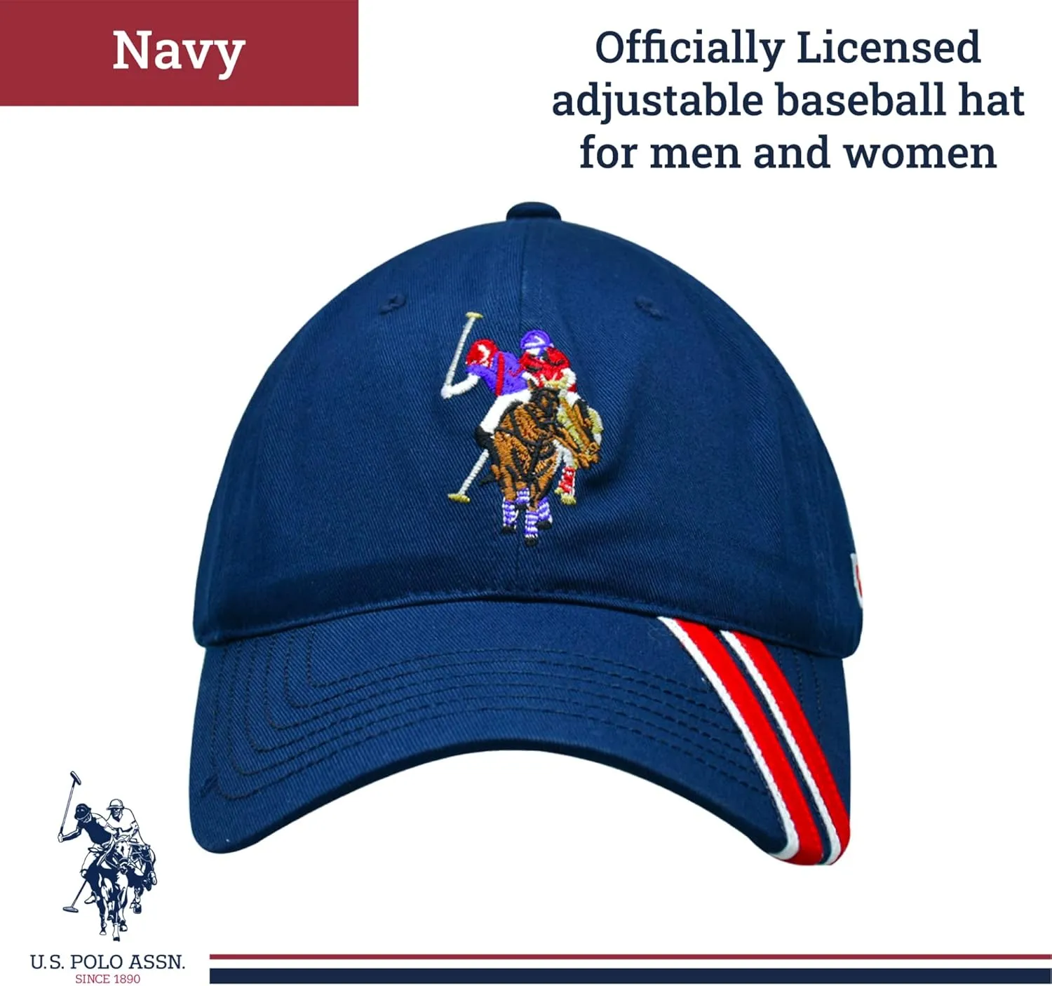 Concept One U.s Polo Assn. Dad Hat, Embroidered Horse Logo Adjustable Adult Baseball Cap with Diagonal Accent Stripes