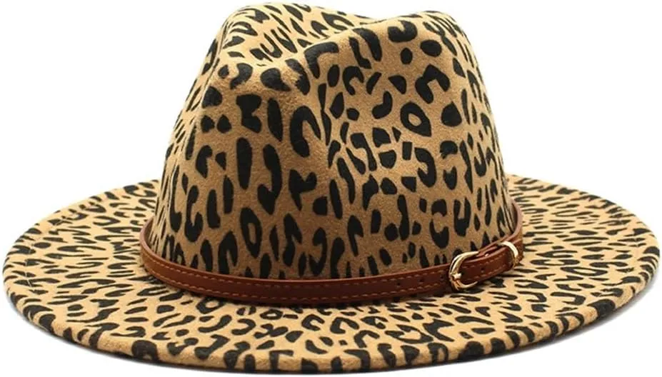 DHAEY Autumn and Winter British Woolen Jazz Hat for Men and Women Big Brim Hat Fashion Leopard Flat Hat Felt Hat Luopan Caps & Hats (Color : Camel, Size : 56-58cm)