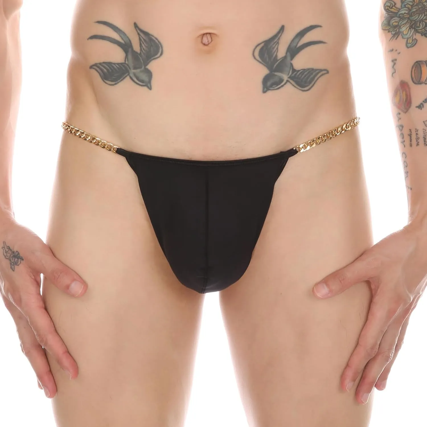 Evankin Men Sexy Thong with Metal Chains Hollow Out G-Strings Comfortable Ice Silk Underwear Bikini