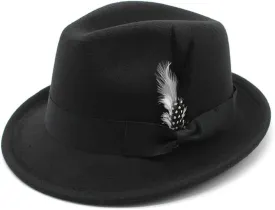 Fedora Hat for Men, Classic Short Brim Adjustable Panama Hat with Feather Winter Felt Jazz Cap