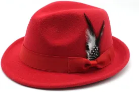 Fedora Hat for Men, Classic Short Brim Adjustable Panama Hat with Feather Winter Felt Jazz Cap