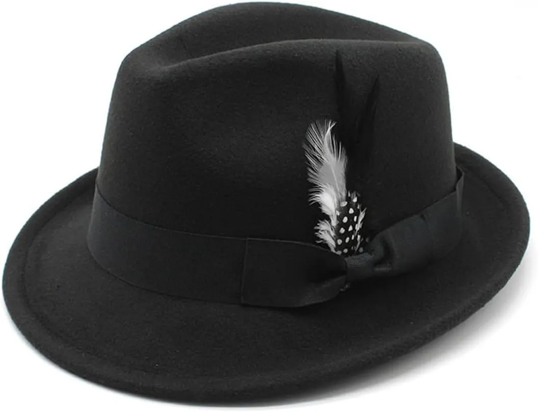 Fedora Hat for Men, Classic Short Brim Adjustable Panama Hat with Feather Winter Felt Jazz Cap