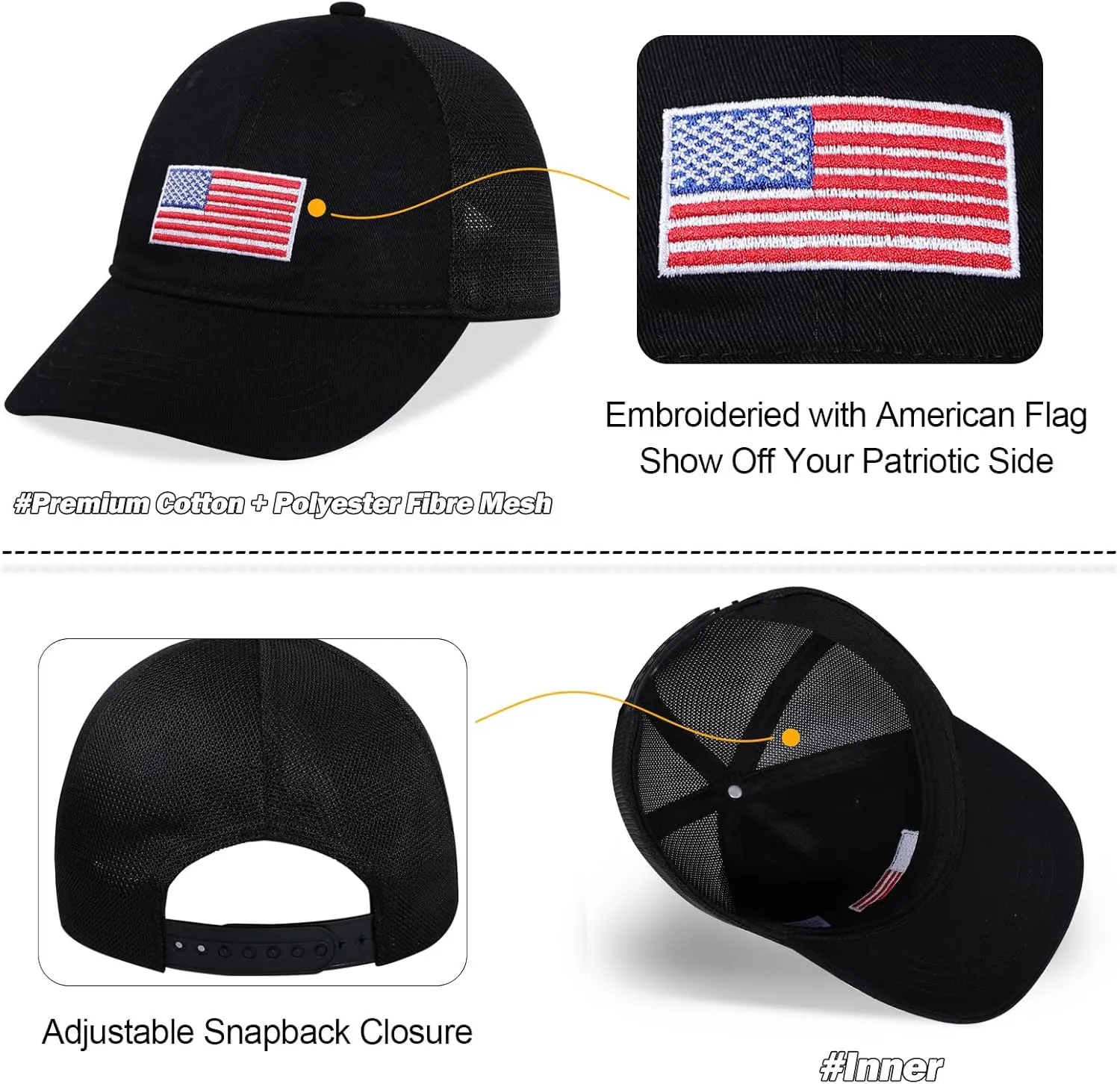 Kids American Flag Baseball Cap Boys Girls Mesh Baseball Hat, Toddler Embroidery Trucker Hat for Age 3-14 Years