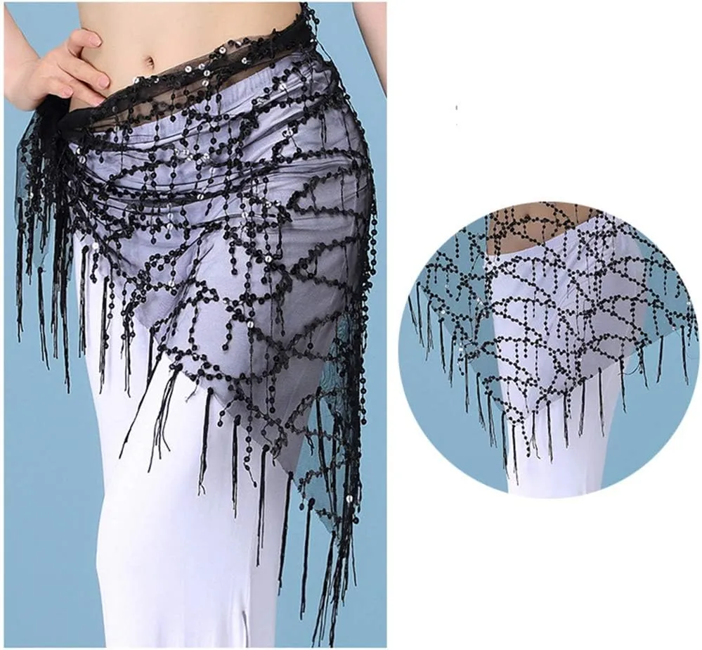 Lauthen.S Women Belly Dance Hip Scarf, Sequin Tassels Triangle Tribal Wrap Skirt Waist Chain