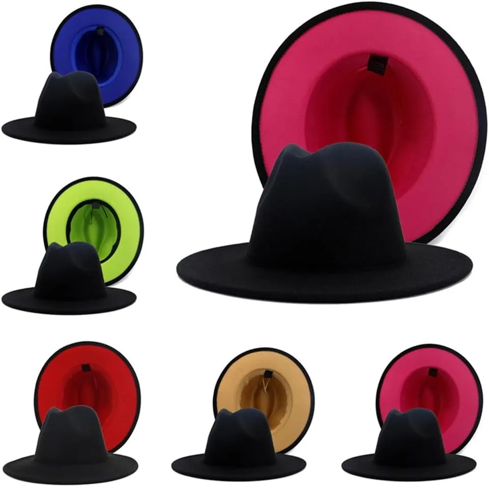 Men Fedora Hat Women Winter Autumn Double-Sided Color Matching Jazz Hat Woolen Hat Flat Brim Hat