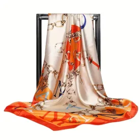 NEW Retails $51, 35" Satin Large Square Scarf Stylish Chain Print Bandana Elegant Silk Feeling Hair Wrapping Scarf Women Night Sleeping Headscarf, Orange