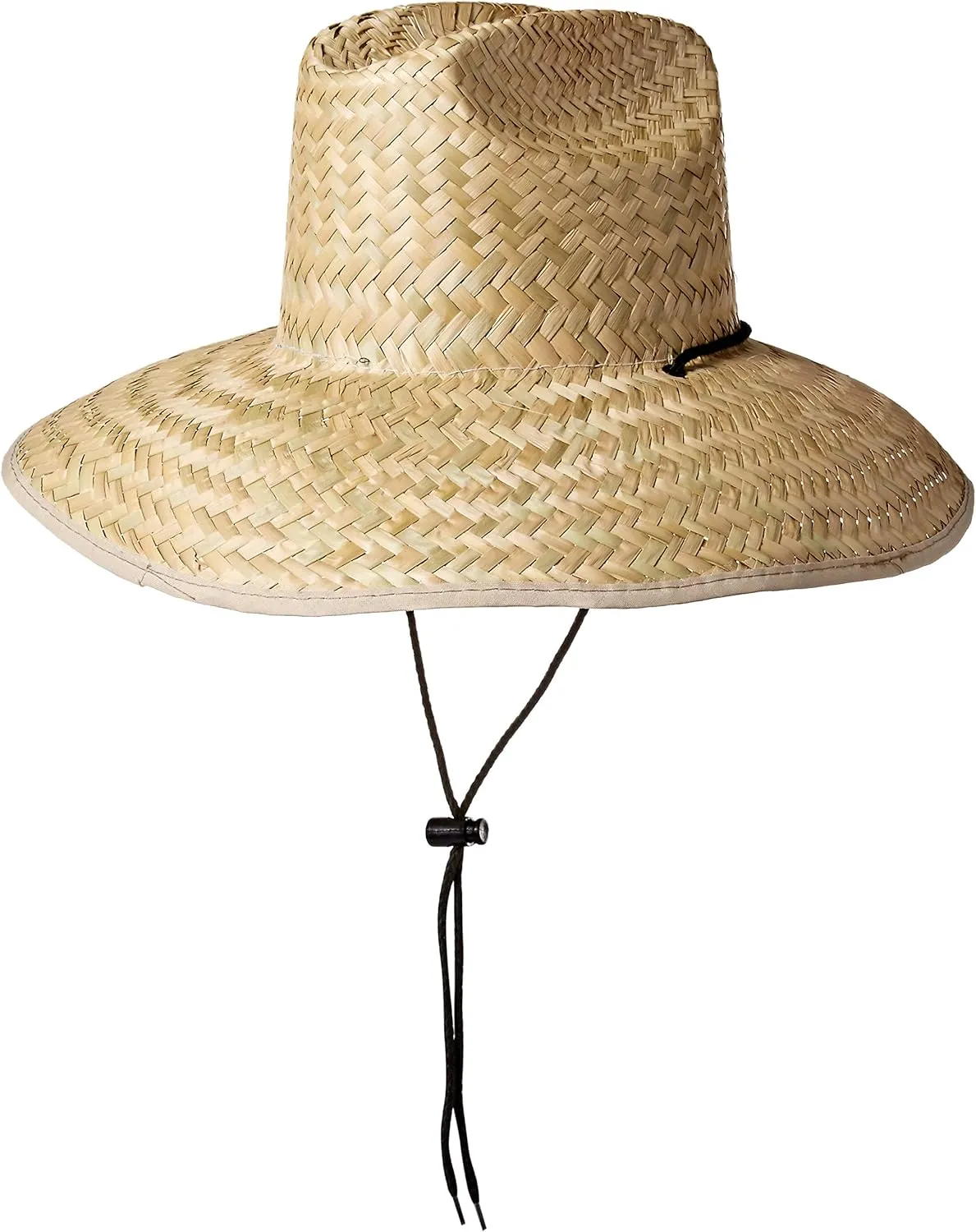 Panama Jack Lifeguard Sun Hat - Palm Fiber Straw, 5" Bound Big Brim, Chin Strap with Toggle, Logo Badge