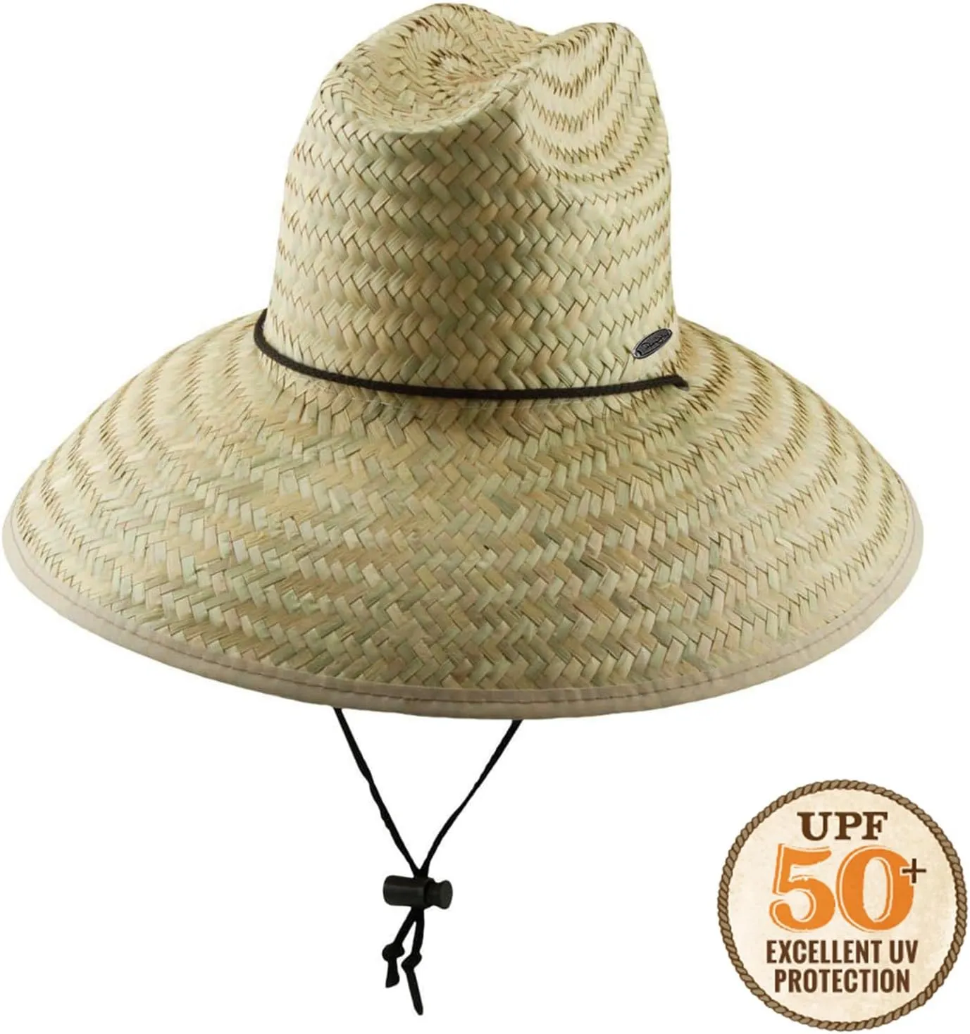 Panama Jack Lifeguard Sun Hat - Palm Fiber Straw, 5" Bound Big Brim, Chin Strap with Toggle, Logo Badge