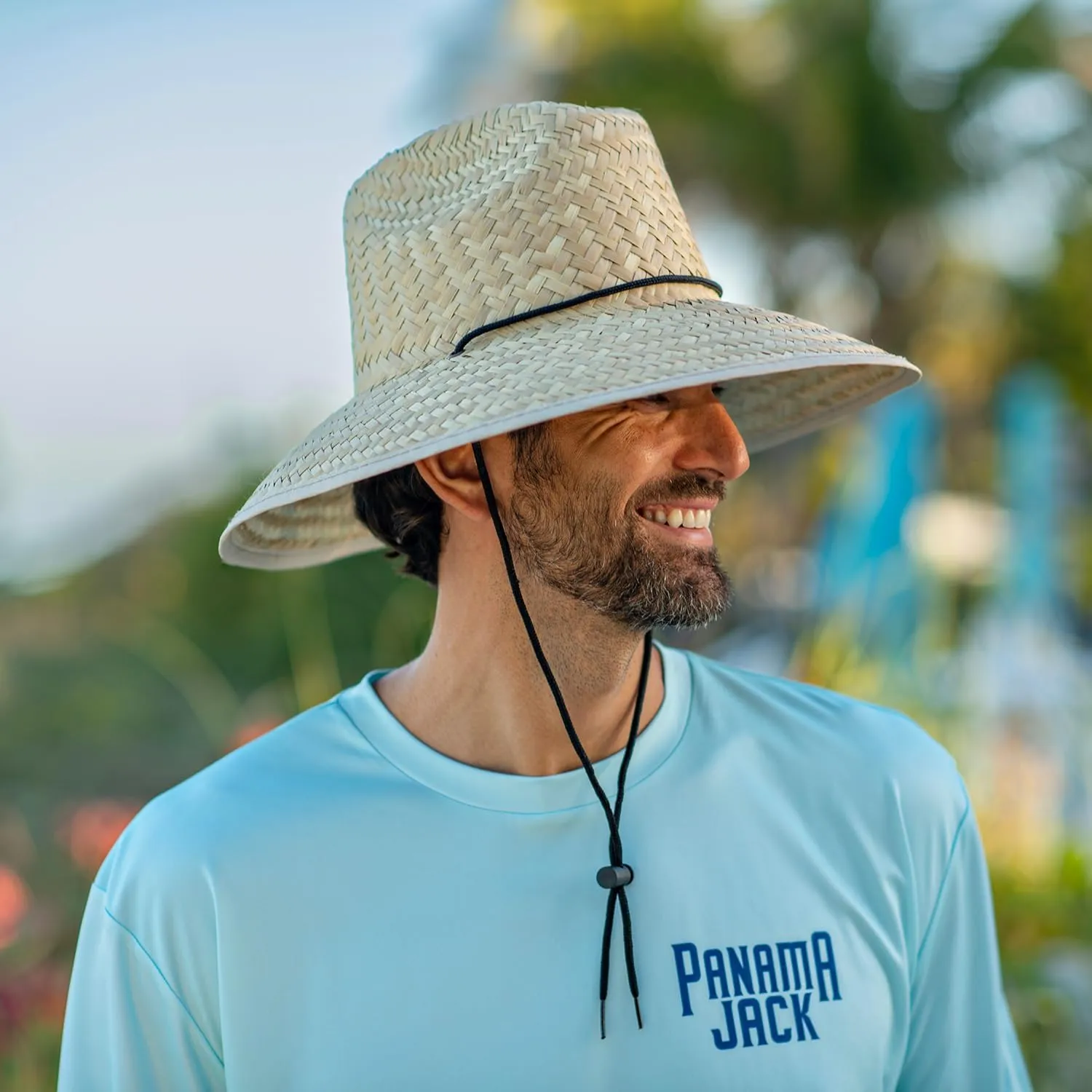 Panama Jack Lifeguard Sun Hat - Palm Fiber Straw, 5" Bound Big Brim, Chin Strap with Toggle, Logo Badge