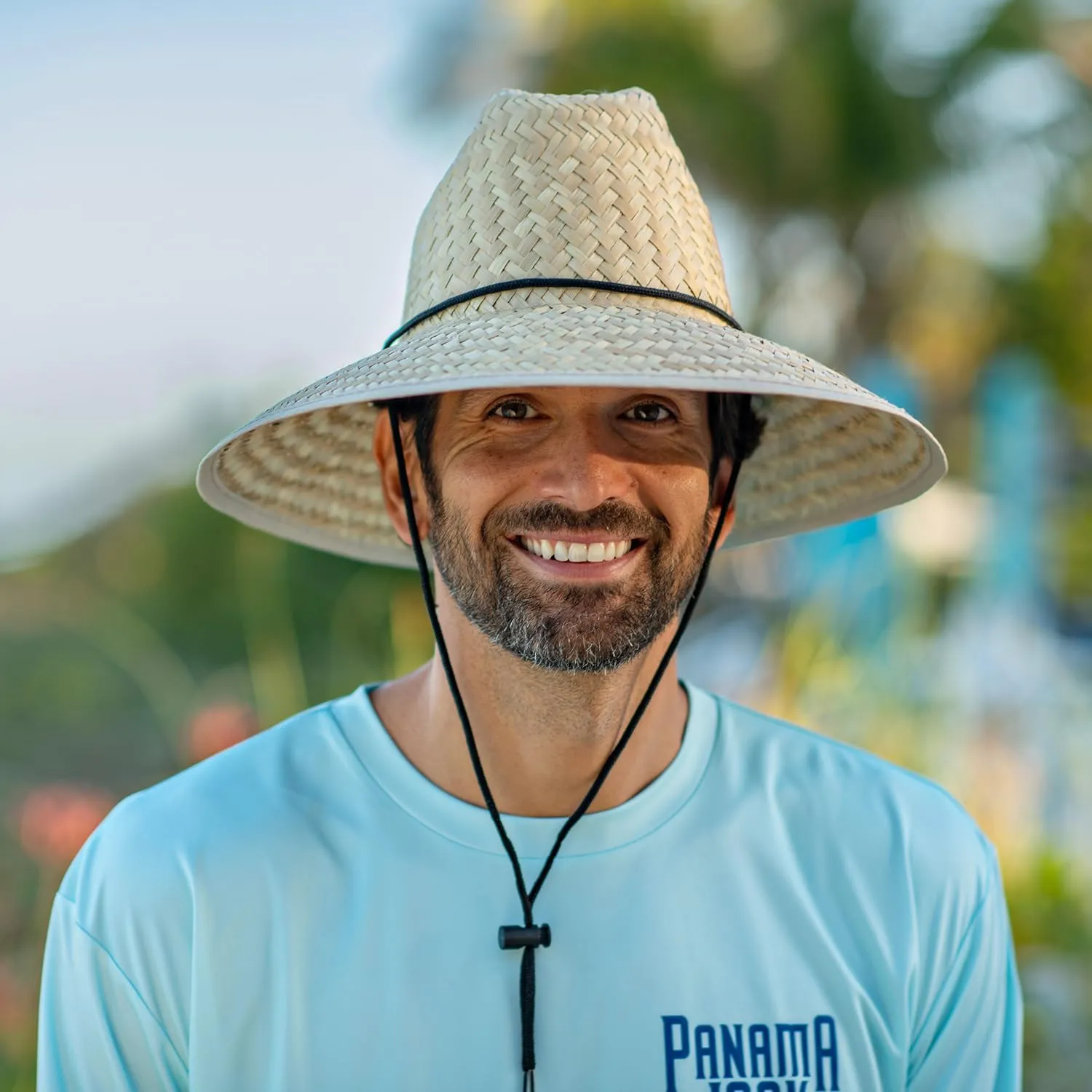 Panama Jack Lifeguard Sun Hat - Palm Fiber Straw, 5" Bound Big Brim, Chin Strap with Toggle, Logo Badge