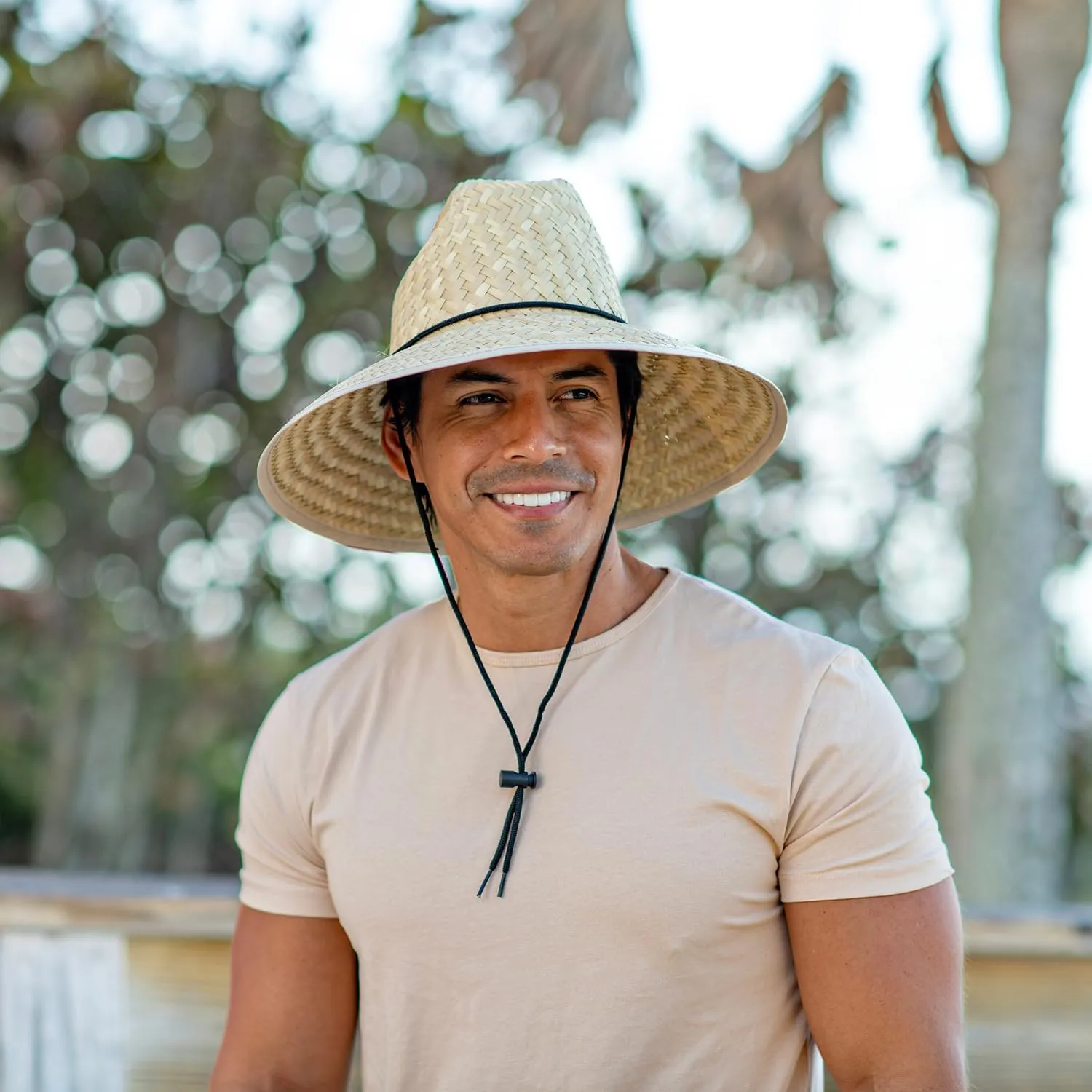 Panama Jack Lifeguard Sun Hat - Palm Fiber Straw, 5" Bound Big Brim, Chin Strap with Toggle, Logo Badge