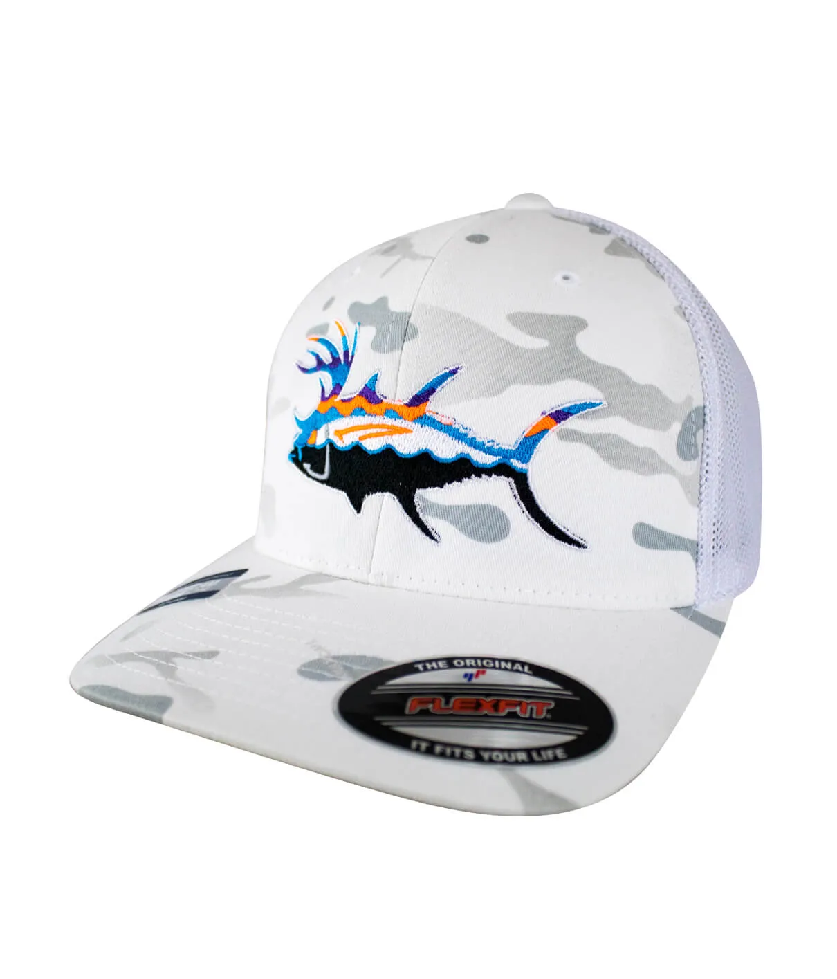 "Buck-Eye Explorer" Meshback Flexfit Unisex Baseball Cap In White Camoflauge