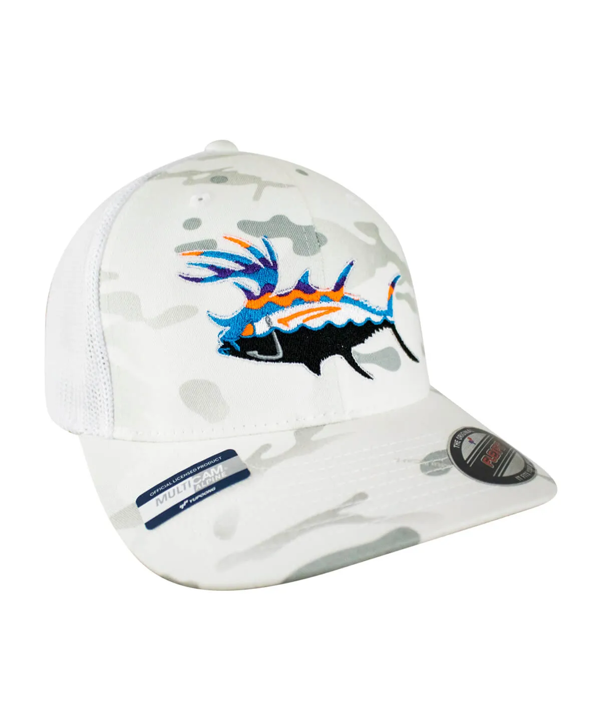 "Buck-Eye Explorer" Meshback Flexfit Unisex Baseball Cap In White Camoflauge