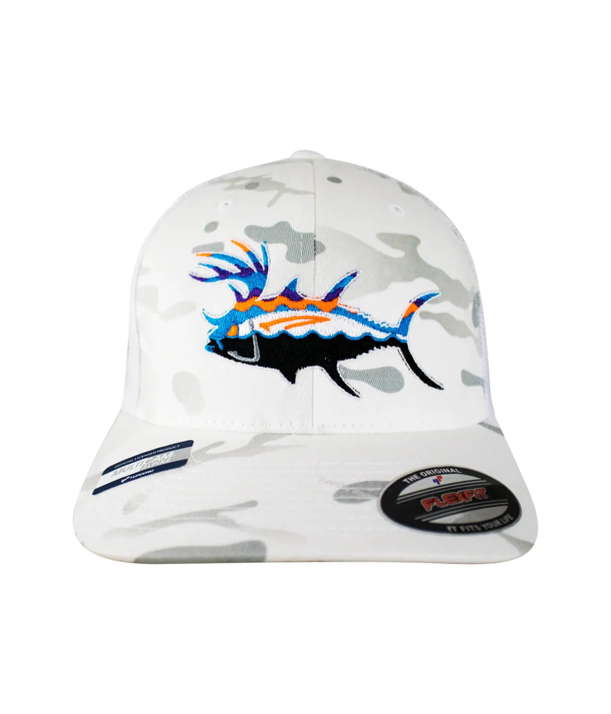 "Buck-Eye Explorer" Meshback Flexfit Unisex Baseball Cap In White Camoflauge