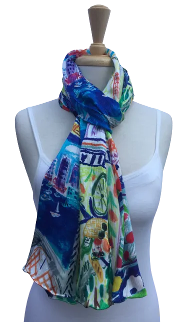 SPFA-04 - Cute and colorful scarf with illustrated city scenes.