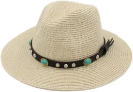 Straw Panama Hats Women Wide Brim Fedora Cap Summer Beach Fedora Sun Hat UPF with Turquoise Leather Band