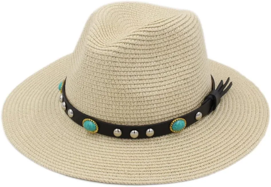 Straw Panama Hats Women Wide Brim Fedora Cap Summer Beach Fedora Sun Hat UPF with Turquoise Leather Band