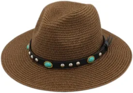 Straw Panama Hats Women Wide Brim Fedora Cap Summer Beach Fedora Sun Hat UPF with Turquoise Leather Band