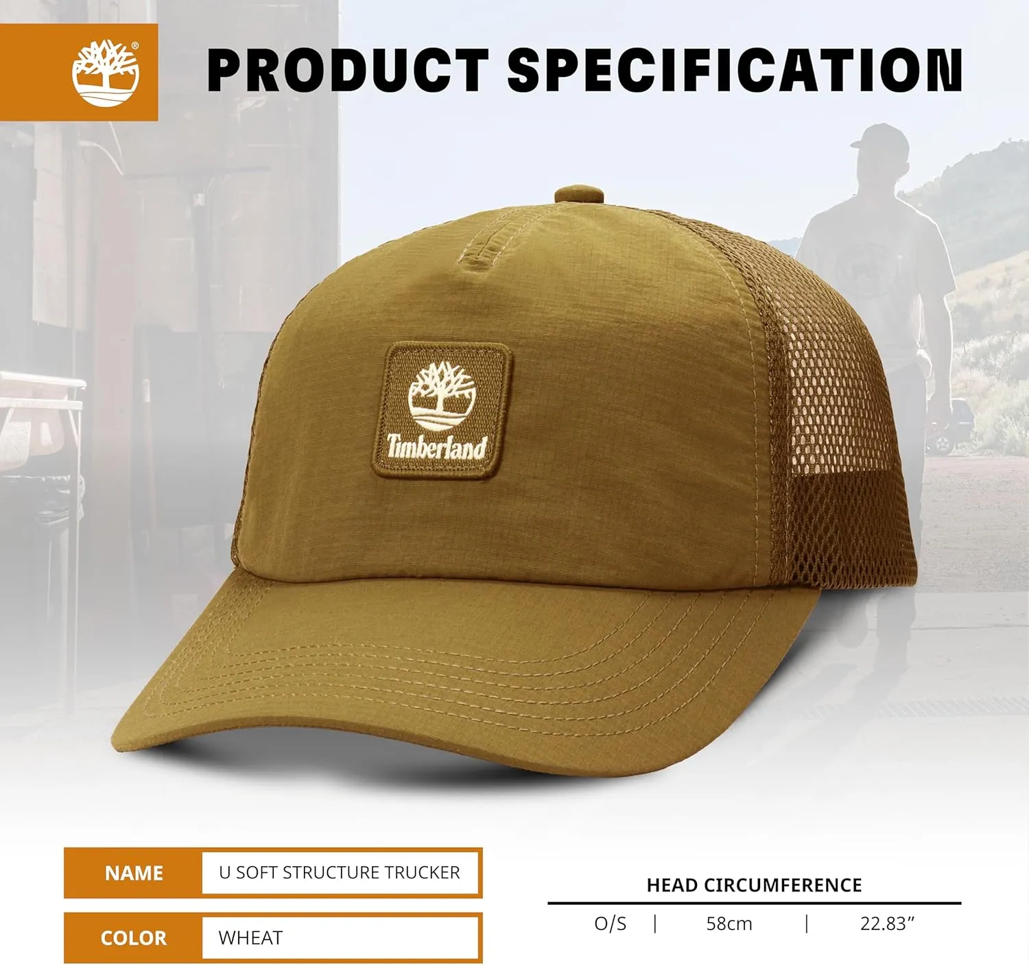 Timberland Trucker Hat, Soft Structured Baseball Cap, Adjustable Mesh Back, Curved Brim, Breathable & Lightweight  One Size
