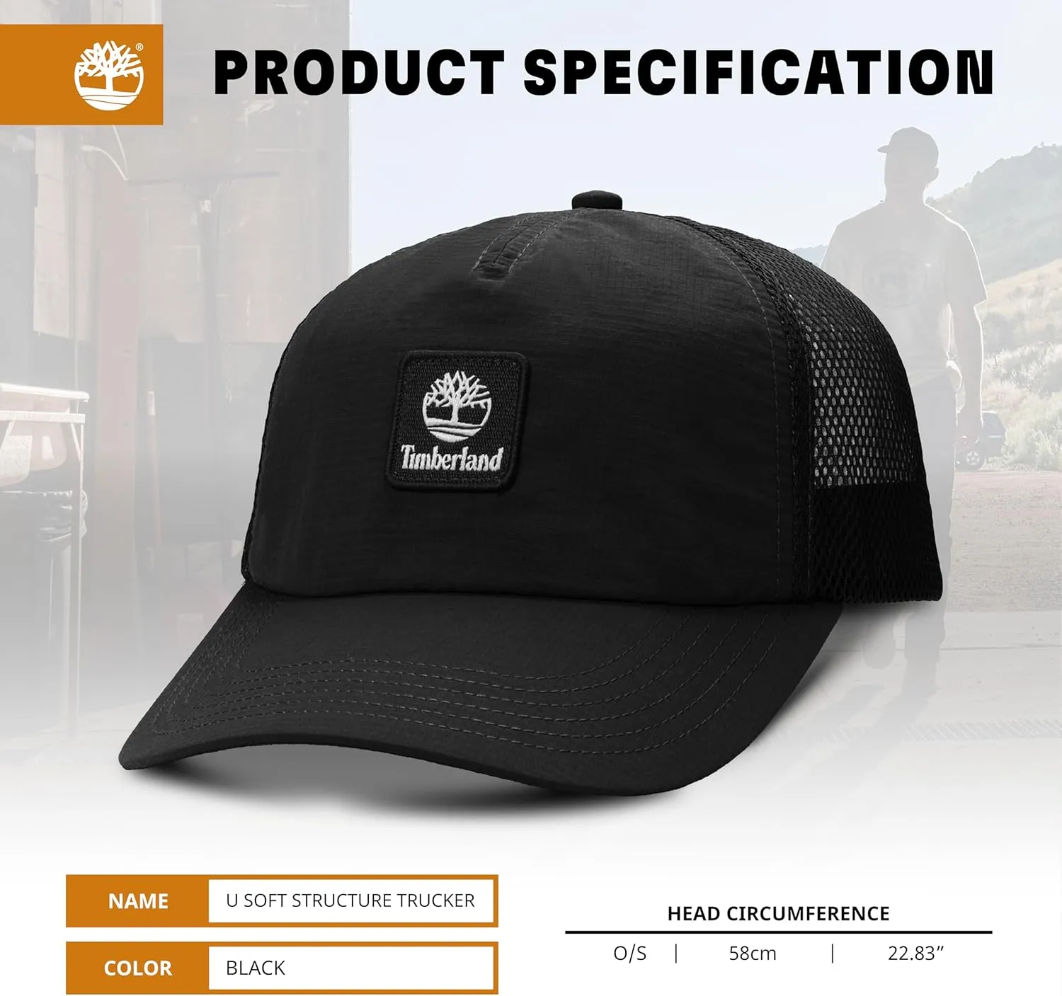 Timberland Trucker Hat, Soft Structured Baseball Cap, Adjustable Mesh Back, Curved Brim, Breathable & Lightweight  One Size