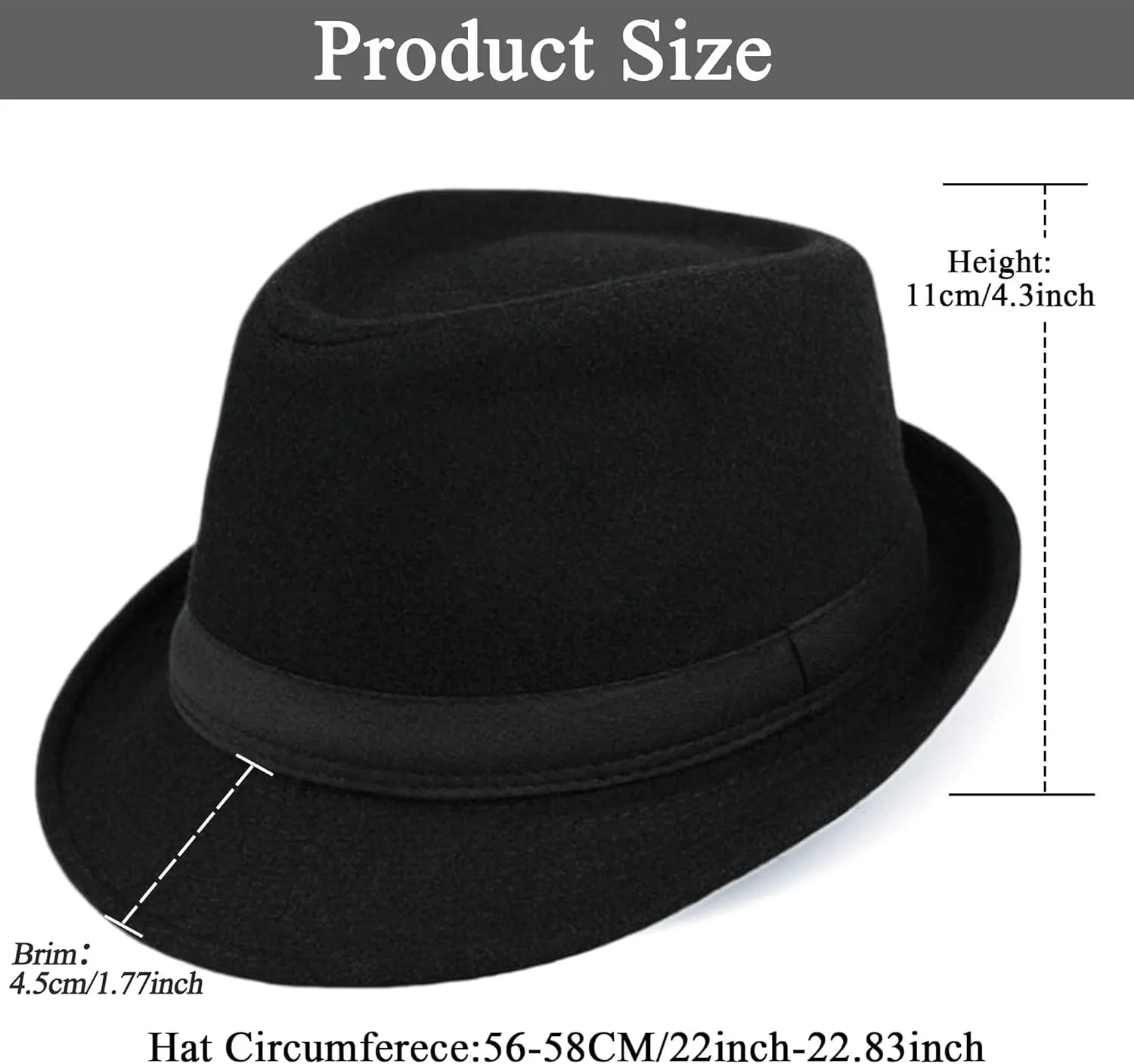 Unisex Classic Manhattan-Gangster-Fedora-Hat Short-Brim Trilby Hat - Women Men Wool Felt Winter Structured Hat with Band(S/M)
