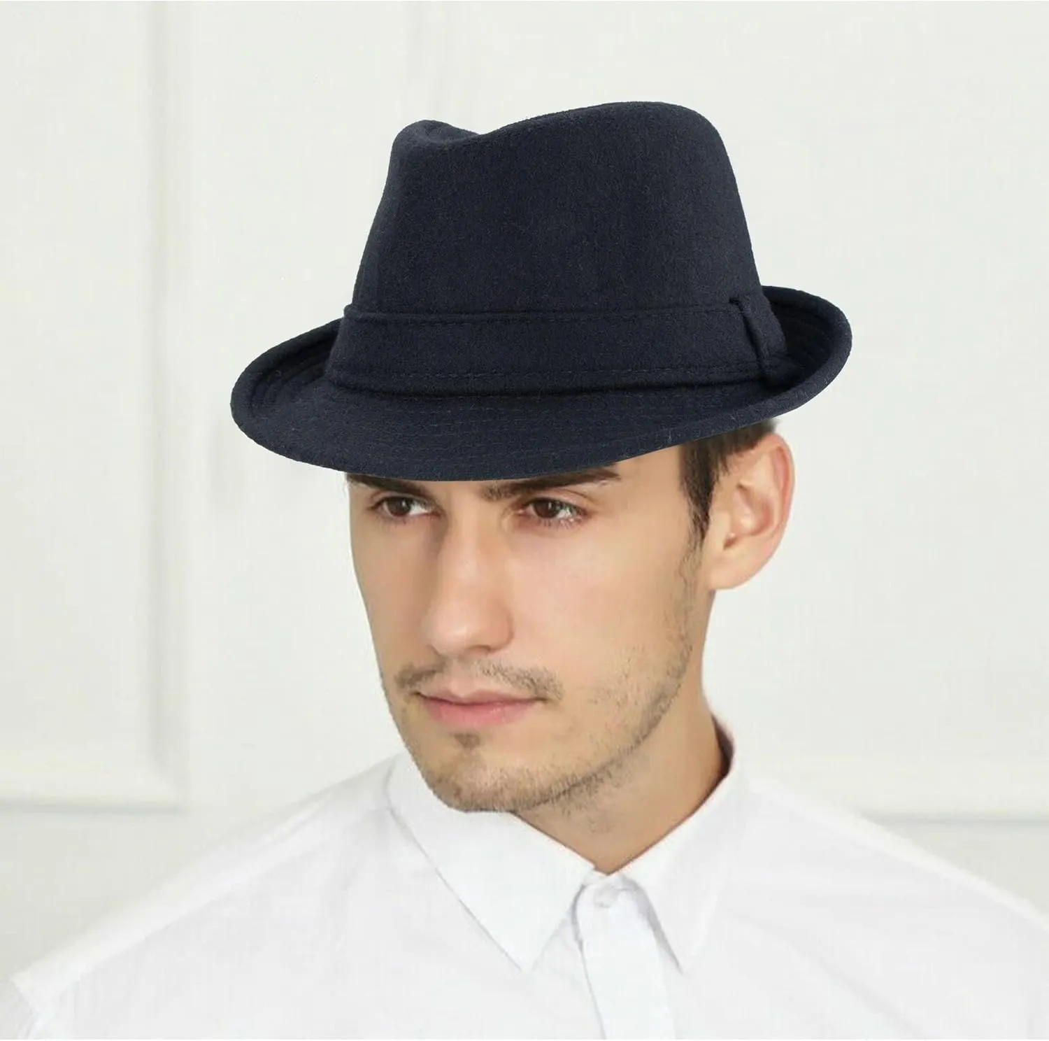 Unisex Classic Manhattan-Gangster-Fedora-Hat Short-Brim Trilby Hat - Women Men Wool Felt Winter Structured Hat with Band(S/M)