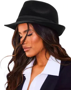 Unisex Classic Manhattan-Gangster-Fedora-Hat Short-Brim Trilby Hat - Women Men Wool Felt Winter Structured Hat with Band(S/M)