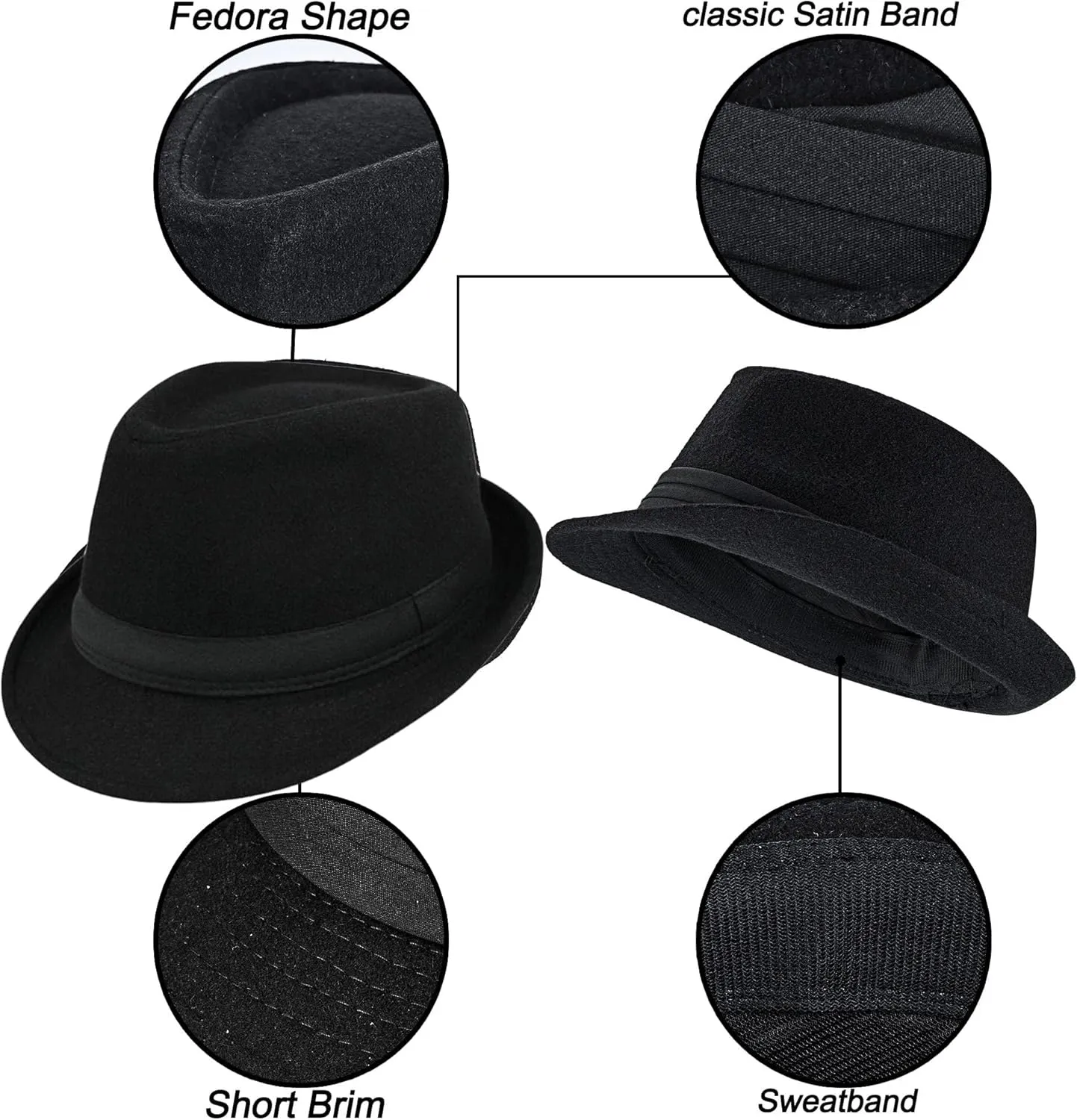 Unisex Classic Manhattan-Gangster-Fedora-Hat Short-Brim Trilby Hat - Women Men Wool Felt Winter Structured Hat with Band(S/M)