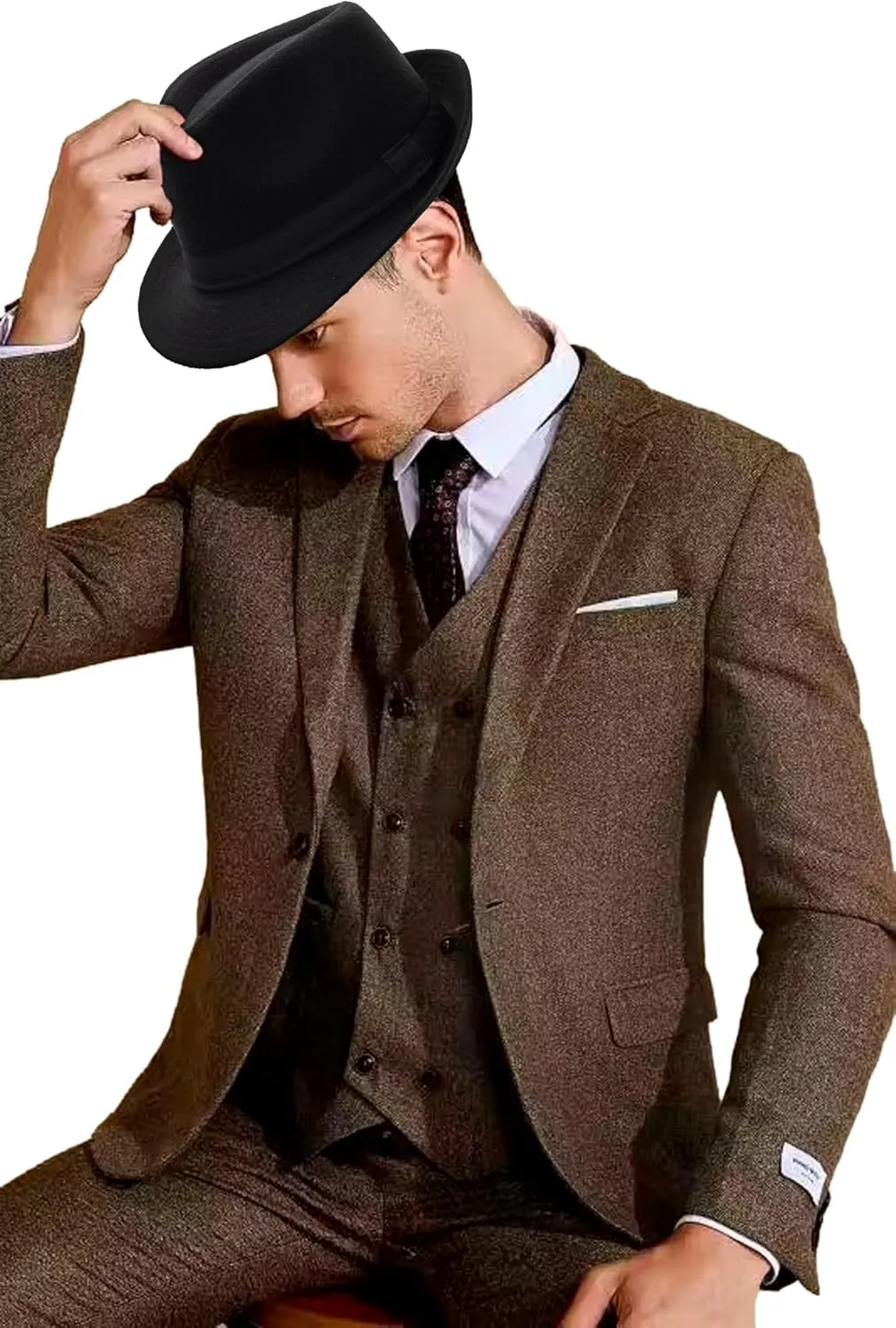 Unisex Classic Manhattan-Gangster-Fedora-Hat Short-Brim Trilby Hat - Women Men Wool Felt Winter Structured Hat with Band(S/M)