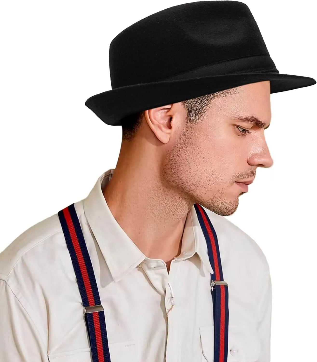 Unisex Classic Manhattan-Gangster-Fedora-Hat Short-Brim Trilby Hat - Women Men Wool Felt Winter Structured Hat with Band(S/M)