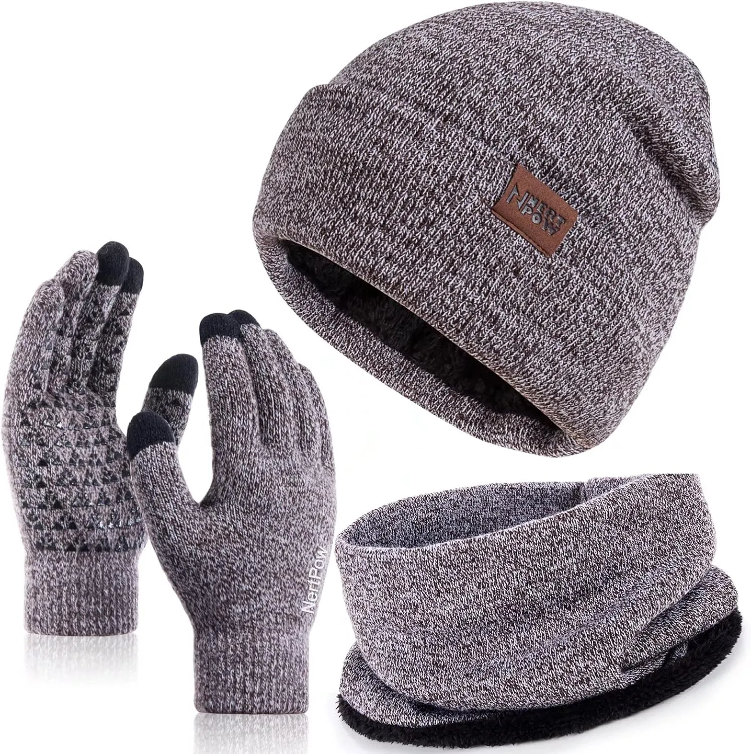 Winter 1-3 PCS Beanie Hat Gloves Scarf For Men And Women, Knit Fleece Lined Warm Touchscreen Gloves Beanie Infitiny Scarf Set