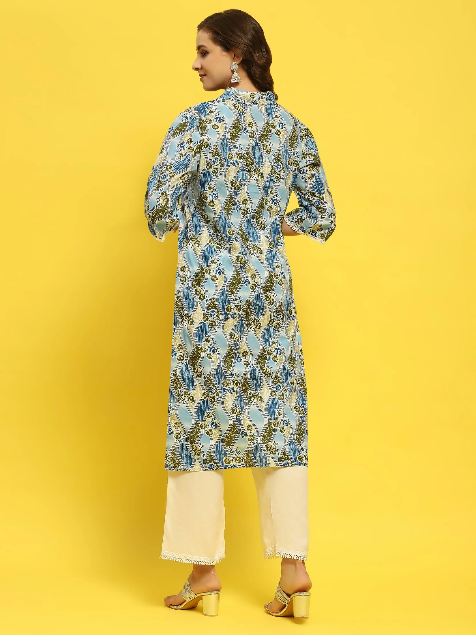 Women Cotton Blue Floral Print Kurta With Comfort Pant